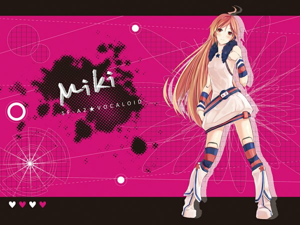 Anime picture 1024x768 with vocaloid miki (vocaloid) takanashi kei (hitsujikan) single long hair looking at viewer blush orange eyes girl thighhighs
