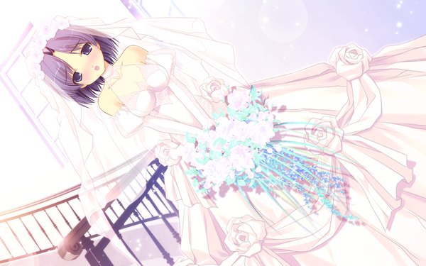 Anime picture 1024x640 with prism magical (game) short hair blue eyes wide image blue hair game cg dress wedding dress