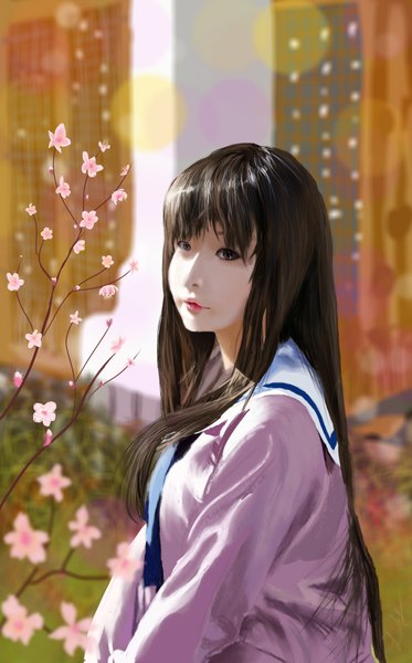 Anime picture 1389x2230 with noragami studio bones iki hiyori tagme (artist) single long hair tall image fringe brown hair brown eyes signed looking away lips realistic cherry blossoms pale skin cosplay girl uniform flower (flowers)