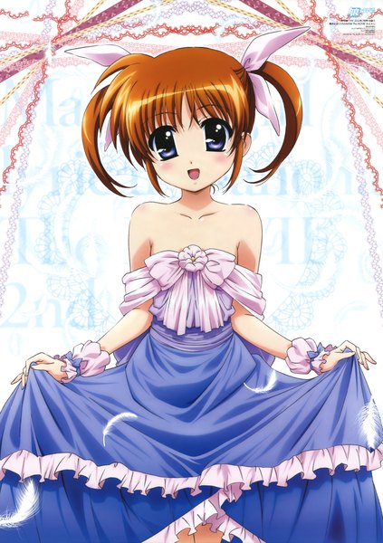 Anime picture 6070x8600 with mahou shoujo lyrical nanoha megami magazine takamachi nanoha tall image blush highres short hair open mouth purple eyes twintails absurdres orange hair official art loli short twintails girl dress bow hair bow feather (feathers)