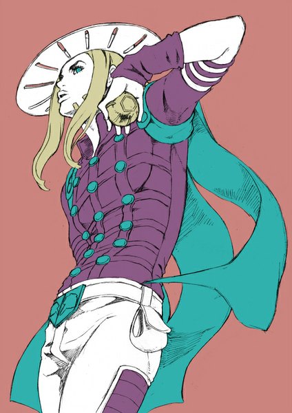 Anime picture 566x800 with jojo no kimyou na bouken steel ball run gyro zeppeli chounorin single long hair tall image simple background blonde hair parted lips profile from below looking up red background partially colored boy hat belt cape ball