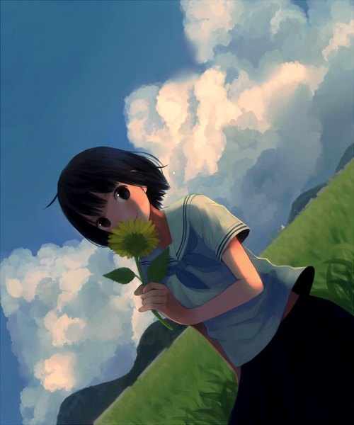 Anime picture 688x826 with original nakamura hinata single tall image short hair black hair smile looking away cloud (clouds) outdoors black eyes dutch angle horizon mountain field girl uniform flower (flowers) plant (plants) school uniform