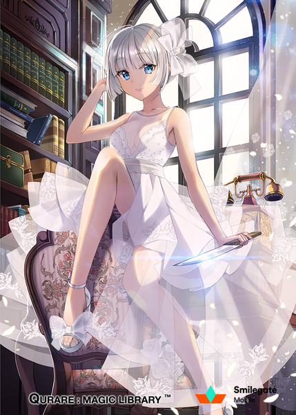 Anime picture 714x998 with original ice (ice aptx) single tall image looking at viewer short hair open mouth blue eyes bare shoulders silver hair girl dress bow hair bow petals shoes white dress book (books) knife wedding dress