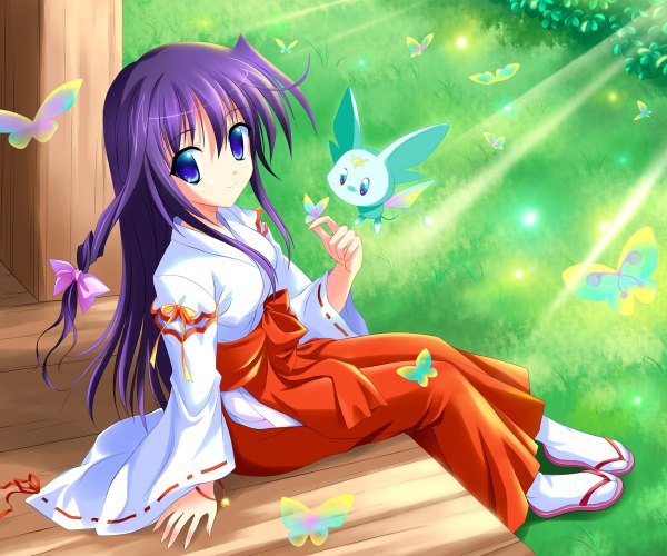 Anime picture 1200x1000 with original bashen chenyue yagami-all hail nanao single long hair looking at viewer blue eyes sitting purple hair traditional clothes miko girl bow hair bow insect butterfly