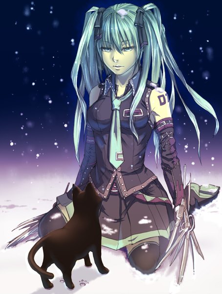 Anime picture 1562x2062 with vocaloid scissorhands (vocaloid) hatsune miku yanagi nikichi single long hair tall image sitting twintails aqua eyes aqua hair tattoo alternate costume snowing winter snow girl thighhighs skirt detached sleeves
