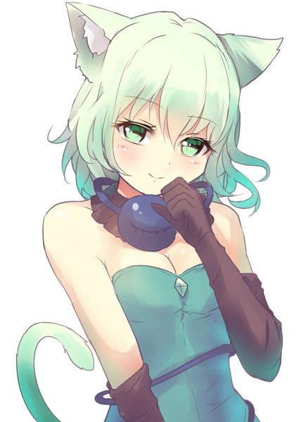 Anime picture 600x847 with touhou komeiji koishi culter single tall image looking at viewer blush fringe short hair simple background smile white background bare shoulders green eyes animal ears tail animal tail green hair cat ears cat girl