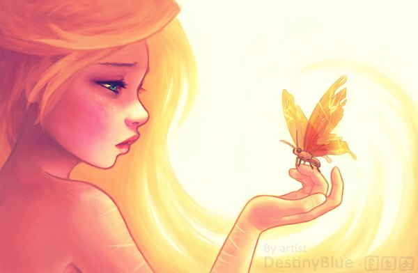 Anime picture 1304x854 with original destinyblue single long hair highres simple background blonde hair white background bare shoulders green eyes looking away profile lips close-up face girl insect butterfly