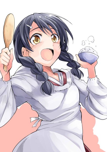 Anime picture 848x1200 with shokugeki no soma j.c. staff tadokoro megumi bibi02 single long hair tall image fringe open mouth black hair simple background white background yellow eyes girl hair ornament food hairclip clothes