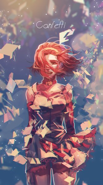 Anime picture 1024x1840 with jojo no kimyou na bouken sugimoto reimi rin2010 single tall image looking at viewer fringe short hair open mouth red eyes red hair wind hair over one eye inscription girl dress choker sundress confetti