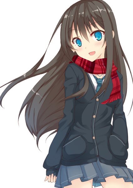 Anime picture 900x1271 with idolmaster idolmaster cinderella girls shibuya rin nakatama kyou single long hair tall image looking at viewer blush open mouth blue eyes black hair simple background white background girl skirt uniform school uniform scarf