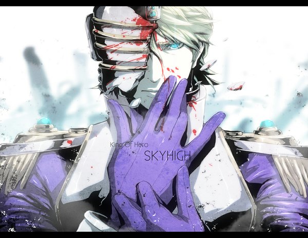 Anime picture 1024x793 with tiger & bunny sunrise (studio) keith goodman sky high pizaya single short hair blue eyes blonde hair inscription letterboxed broken armor boy gloves blood helmet