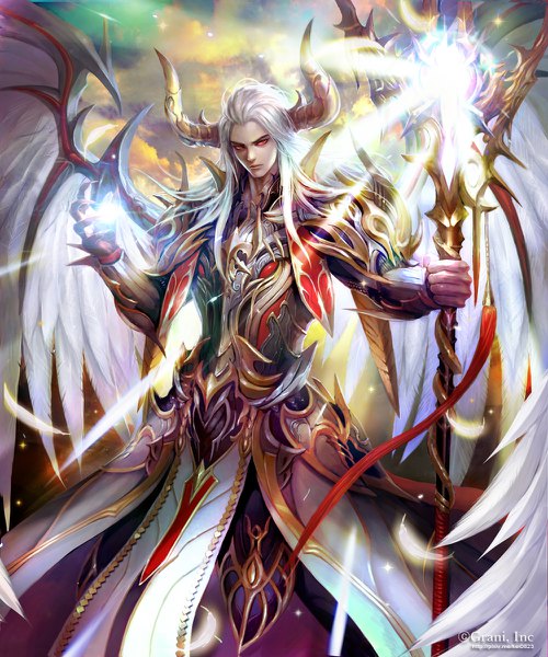 Anime picture 1000x1200 with shingoku no valhalla gate kei1115 single long hair tall image looking at viewer red eyes standing holding white hair horn (horns) magic light serious boy wings armor staff claws