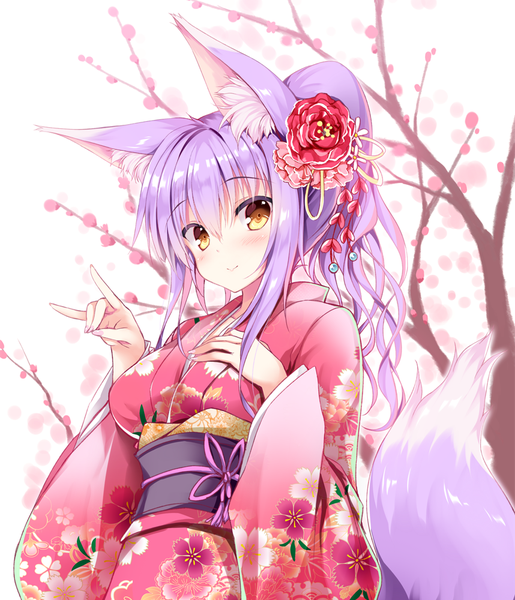 Anime picture 858x1000 with original tateha (marvelous grace) single long hair tall image looking at viewer blush fringe smile hair between eyes animal ears yellow eyes payot purple hair upper body ponytail tail traditional clothes japanese clothes animal tail