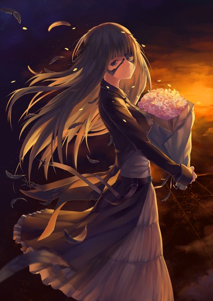 Anime picture 2846x4025 with original kotoribako single long hair tall image looking at viewer fringe highres black hair holding blunt bangs long sleeves wind black eyes sunlight night night sky city evening sunset