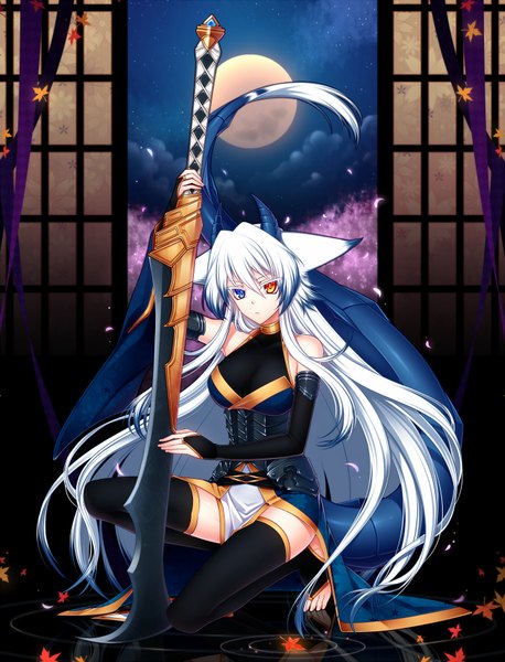 Anime picture 1350x1770 with original pixiv fantasia konshin single tall image looking at viewer animal ears white hair tail very long hair horn (horns) heterochromia demon girl girl thighhighs weapon black thighhighs sword wings leaf (leaves)