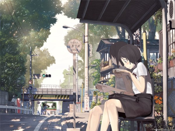 Anime picture 1280x960 with original imperial boy blush short hair blue eyes brown hair sitting multiple girls holding looking away sky cloud (clouds) outdoors profile sunlight shadow scenic reading girl skirt