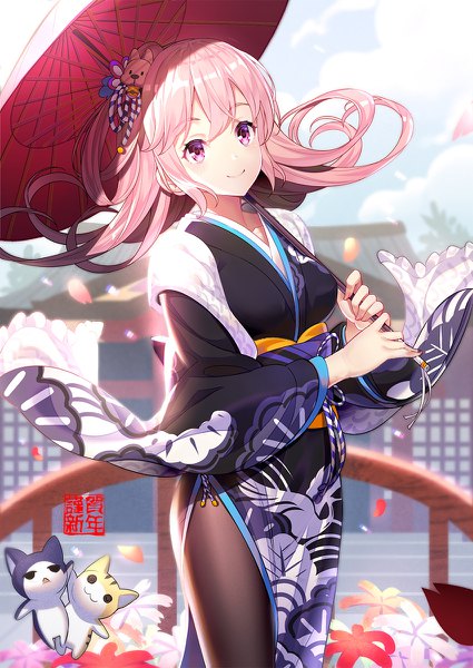 Anime picture 850x1200 with original emily stock ririko (zhuoyandesailaer) single long hair tall image looking at viewer fringe smile hair between eyes standing holding pink hair outdoors traditional clothes japanese clothes pink eyes fingernails sunlight wide sleeves