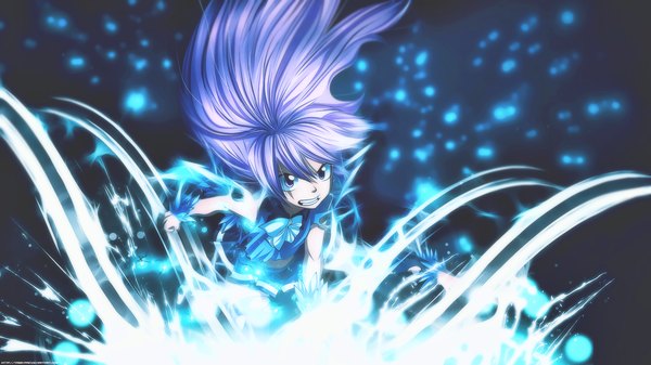 Anime picture 1920x1080 with fairy tail wendy marvell tammypain single long hair highres wide image purple eyes purple hair pleated skirt loli grin magic angry girl thighhighs skirt black thighhighs fist torn thighhighs