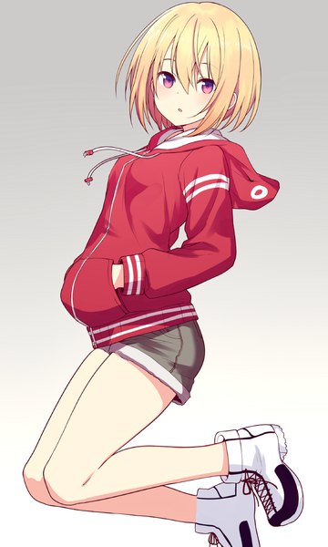 Anime picture 768x1280 with original hiraga matsuri single tall image looking at viewer fringe short hair simple background blonde hair hair between eyes purple eyes :o gradient background jumping hands in pockets girl shorts boots hood short shorts