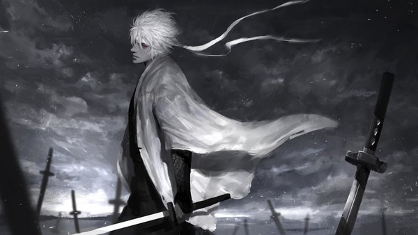 Anime picture 1917x1080 with gintama sunrise (studio) sakata gintoki diaodiao single looking at viewer highres short hair red eyes wide image standing wind grey hair monochrome boy weapon sword