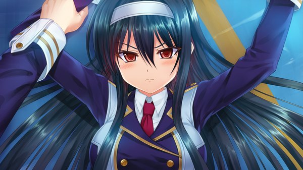 Anime picture 1024x576 with futagoza no paradox long hair looking at viewer blush black hair red eyes wide image game cg girl uniform school uniform hairband