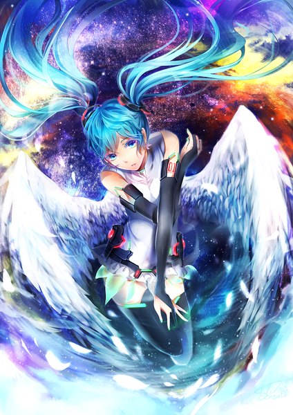 Anime picture 620x877 with vocaloid vocaloid append hatsune miku hatsune miku (append) lulu season single long hair tall image blue eyes twintails blue hair nail polish tattoo angel wings girl thighhighs gloves black thighhighs wings black gloves
