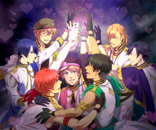 Anime picture 2000x1670 with uta no prince-sama a-1 pictures jinguji ren hijirikawa masato ichinose tokiya ittoki otoya kurusu shou shinomiya natsuki aijima cecil moge-hera blush highres short hair blue eyes blonde hair smile red eyes brown hair green eyes blue hair