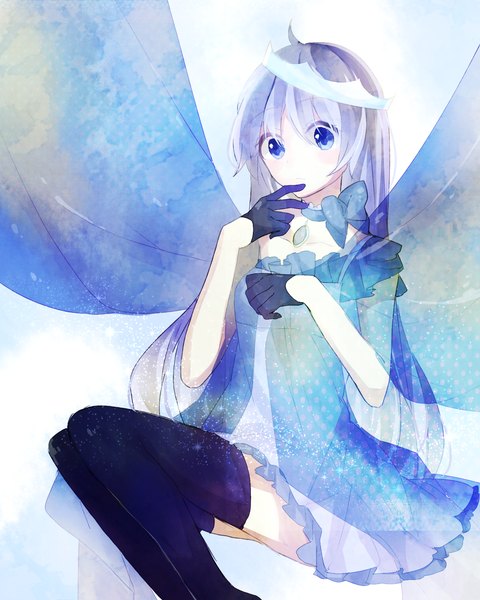 Anime picture 1600x2000 with original suzuki (pixiv 7551702) single long hair tall image looking at viewer blue eyes simple background grey hair girl thighhighs gloves black thighhighs wings pendant