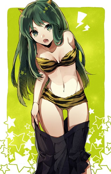 Anime picture 700x1100 with urusei yatsura lum wonoco0916 single long hair tall image fringe breasts open mouth light erotic standing green eyes horn (horns) fingernails green hair midriff groin border topless undressing