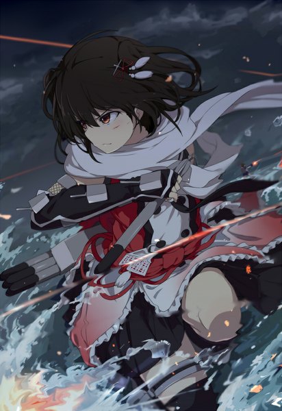 Anime picture 688x1000 with kantai collection sendai light cruiser ogipote single tall image short hair black hair red eyes looking away battle girl thighhighs skirt weapon single thighhigh