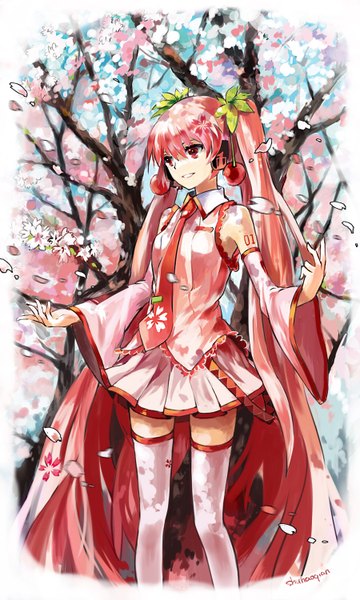 Anime picture 900x1500 with vocaloid hatsune miku sakura miku shuhaoqian single tall image smile red eyes twintails bare shoulders signed pink hair very long hair cherry blossoms girl thighhighs plant (plants) detached sleeves petals white thighhighs