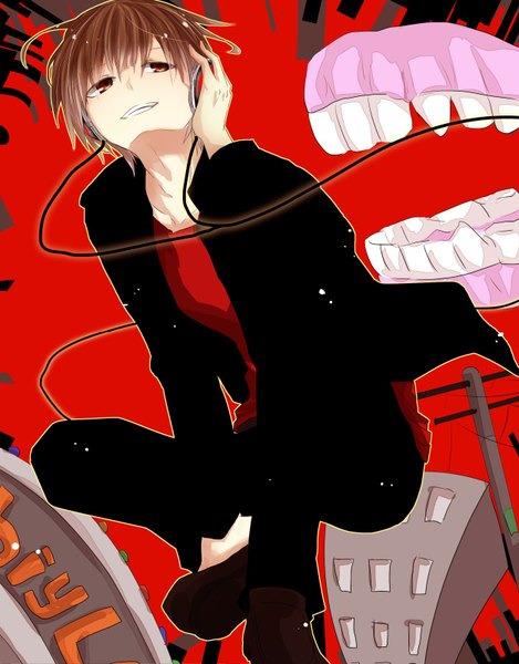 Anime picture 1250x1598 with nico nico singer bis (nico nico singer) single tall image short hair brown hair sitting brown eyes light smile grin red background music boy headphones building (buildings) wire (wires) power lines