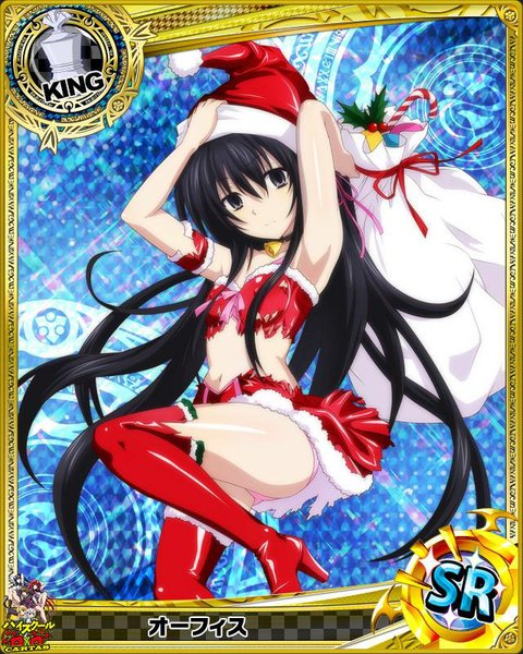 Anime picture 640x800 with highschool dxd ophis single long hair tall image looking at viewer breasts light erotic black hair bare belly armpit (armpits) high heels pantyshot fur trim torn clothes christmas card (medium) hand on head girl thighhighs