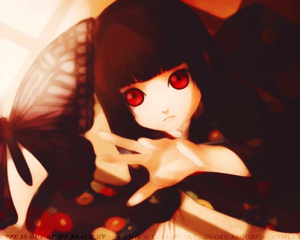 Anime picture 1280x1024 with hell girl studio deen enma ai single long hair black hair red eyes japanese clothes floral print girl flower (flowers) kimono insect butterfly