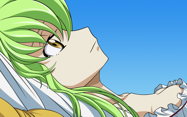 Anime picture 1920x1200 with code geass sunrise (studio) c.c. single long hair highres breasts simple background wide image yellow eyes sky lying green hair blue background girl