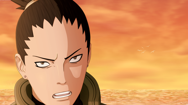 Anime picture 1920x1080 with naruto studio pierrot naruto (series) nara shikamaru deiviscc single highres short hair open mouth black hair wide image brown eyes sky cloud (clouds) piercing coloring evening sunset close-up face