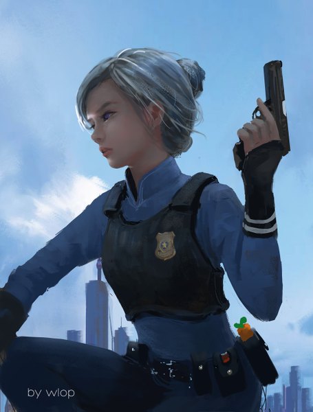 Anime picture 952x1255 with zootopia disney judy hopps wlop single tall image fringe short hair blue eyes holding signed sky silver hair cloud (clouds) bent knee (knees) outdoors parted lips lips realistic from below