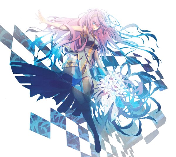 Anime picture 1340x1200 with vocaloid megurine luka plastick single blue eyes smile white background pink hair very long hair checkered background girl thighhighs skirt flower (flowers)