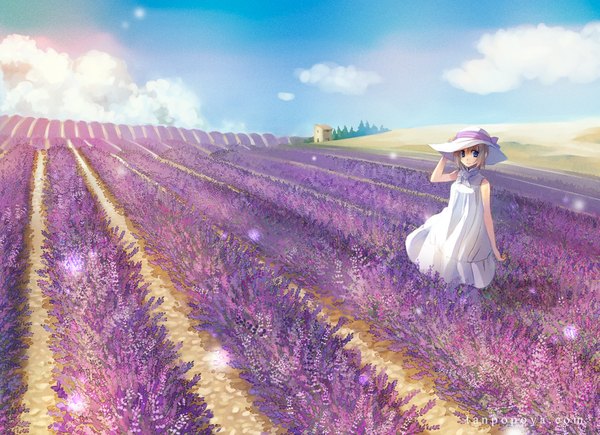 Anime picture 1101x800 with original single looking at viewer short hair blue eyes blonde hair smile sky cloud (clouds) wind sunlight landscape scenic girl dress flower (flowers) bow plant (plants) hat tree (trees)