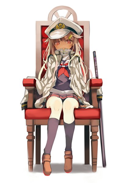 Anime picture 703x994 with kantai collection yuudachi destroyer shino (eefy) single long hair tall image looking at viewer fringe blonde hair simple background red eyes white background sitting pleated skirt :3 sheathed remodel (kantai collection) girl skirt uniform