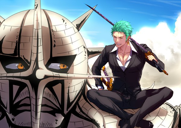 Anime picture 1402x992 with one piece toei animation roronoa zoro pica eilinna short hair smile sitting yellow eyes looking away sky one eye closed green hair multiple boys scar eye contact partially open clothes indian style sitting on person formal