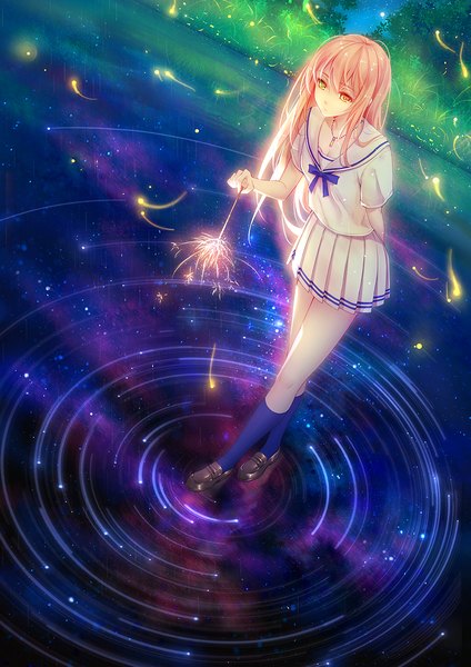 Anime picture 1000x1414 with original niya tidsean single long hair tall image looking at viewer fringe pink hair full body from above heterochromia revision ripples girl skirt uniform plant (plants) school uniform miniskirt