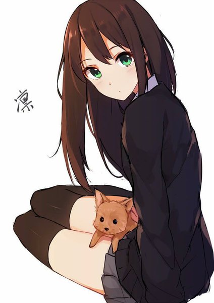 Anime picture 700x990 with idolmaster idolmaster cinderella girls shibuya rin caidychen single long hair tall image looking at viewer blush simple background brown hair white background sitting green eyes character names girl thighhighs skirt uniform black thighhighs