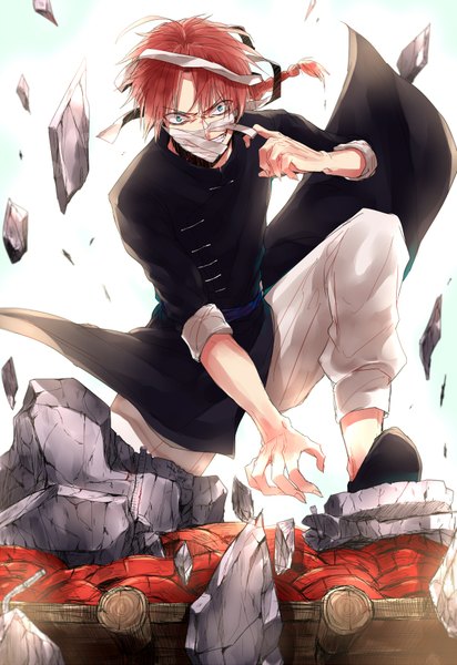 Anime picture 1200x1745 with gintama sunrise (studio) kamui (gintama) single long hair tall image looking at viewer simple background smile red hair traditional clothes teeth single braid chinese clothes destruction crazy smile broken creepy boy bandage (bandages)