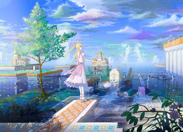 Anime picture 1280x924 with original tomok1 single long hair fringe blonde hair standing twintails eyes closed from behind back city girl flower (flowers) bow weapon plant (plants) detached sleeves petals pantyhose