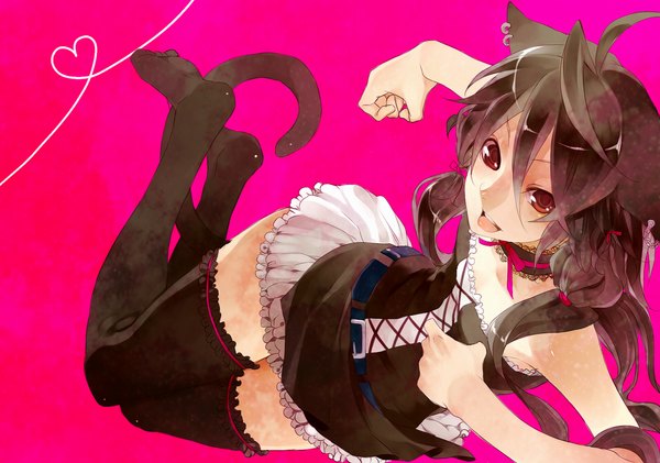 Anime picture 1200x843 with original akizuki hakuto (artist) single long hair open mouth simple background brown hair brown eyes animal ears cat ears cat tail heart of string girl thighhighs black thighhighs earrings heart