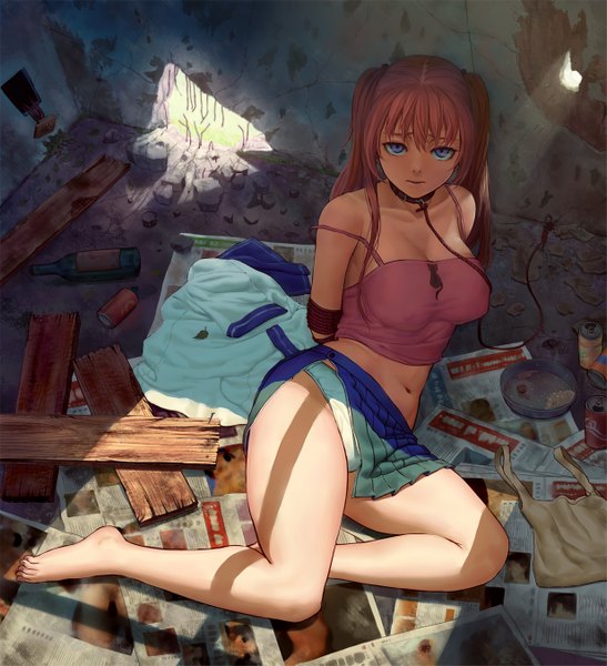 Anime picture 1233x1353 with original lasterk single long hair tall image looking at viewer fringe breasts blue eyes light erotic brown hair twintails full body bent knee (knees) indoors barefoot legs covered nipples strap slip bondage