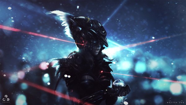 Anime picture 2000x1134 with wojtek fus single highres wide image holding nail polish realistic watermark futuristic girl feather (feathers) helmet laser