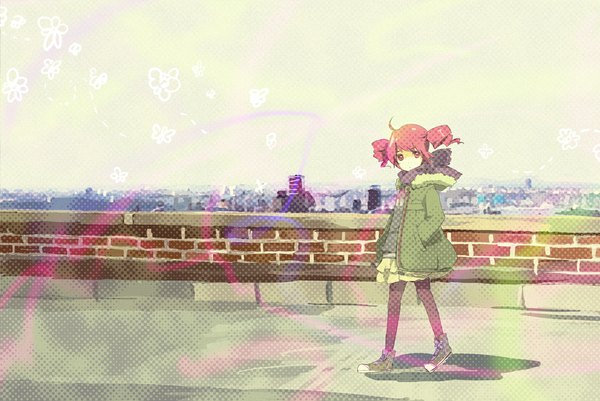Anime picture 1102x737 with utau kasane teto looking at viewer short hair red eyes twintails ahoge red hair wallpaper city short twintails hands in pockets girl jacket sneakers