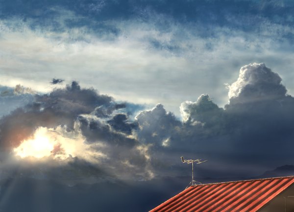 Anime picture 1600x1152 with original mks sky cloud (clouds) sunlight no people landscape sunrise animal bird (birds) house roof
